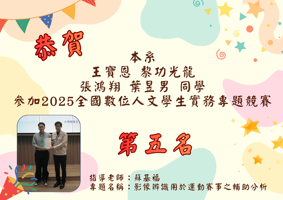 王寶恩、黎功光龍、張鴻翔、葉昱男同學參加  2025全國數位人文學生實務專題競賽 榮獲第六名